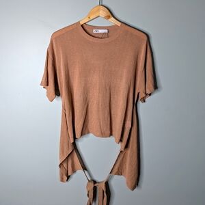ZARA Tan Linen Blend Boxy Short Sleeve Bandage Wrap Crop Short Sleeve T Shirt S